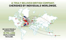 A world map with the united kingdom marked by a union jack flag connecting global locations for prowise healthcare vegan vital multivitamins to support the immune system