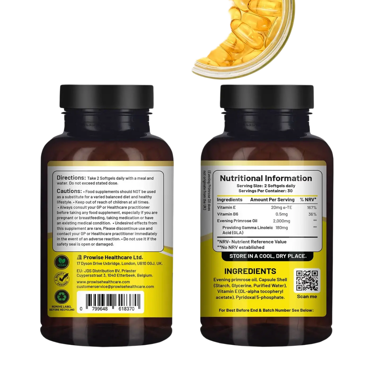 Veganes Nachtkerzenöl von Prowise Healthcare in 60 Kapseln, mit 2000 mg Nachtkerzenöl und Vitamin E & B6.