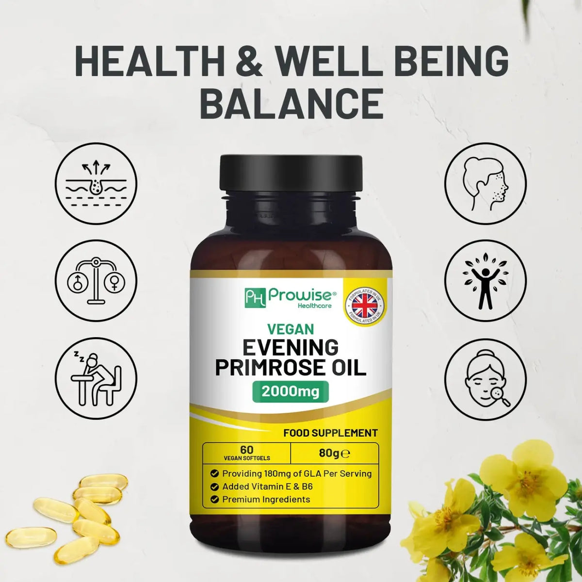 Veganes Nachtkerzenöl 2000 mg mit Vitamin E & B6, Nahrungsergänzung in 60 Kapseln, Prowise Healthcare.