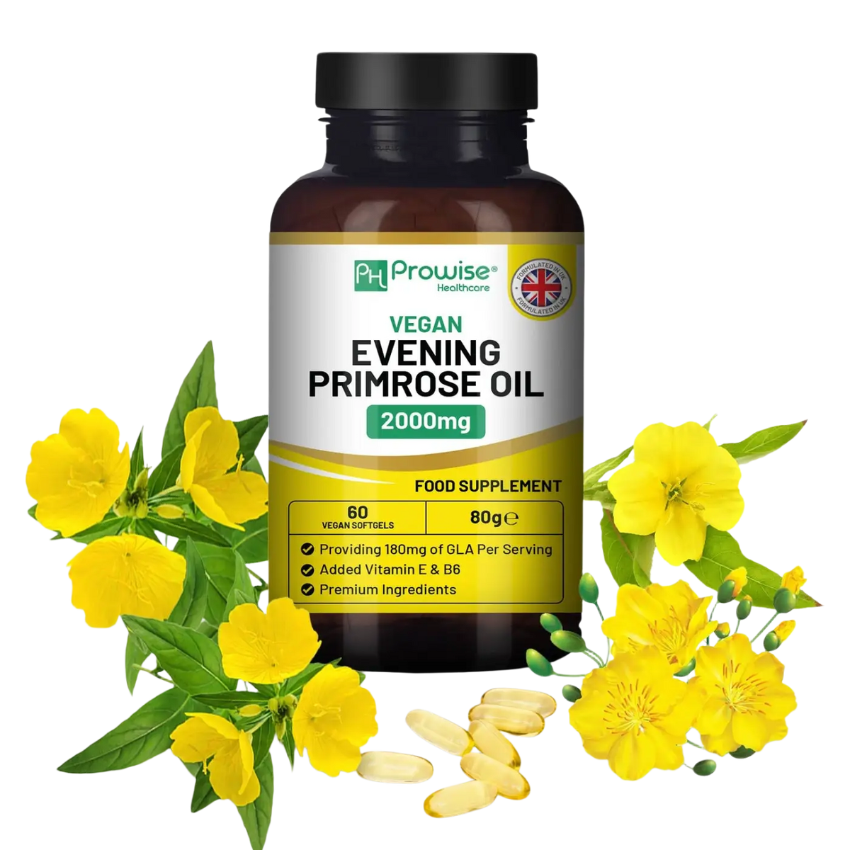Veganes Nachtkerzenöl von Prowise Healthcare, 2000 mg mit Vitamin E & B6, 60 Kapseln, Nahrungsergänzungsmittel in Kapseln