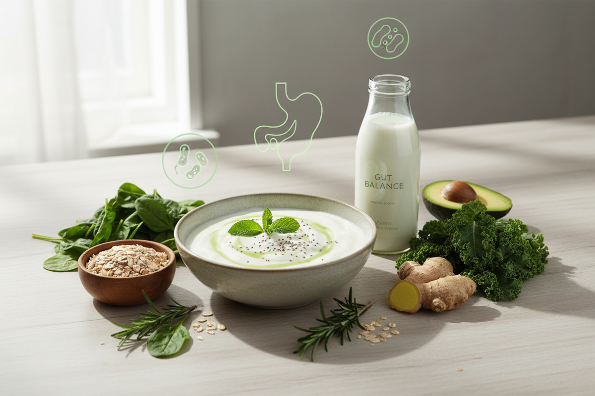 Gesunde Bowl mit Joghurt, Avocado, Spinat und Ingwer für eine gute Darmgesundheit.