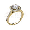 A radiant yellow gold engagement ring with round-cut diamond halo and band stones from myc paris cushy ring at mana shop