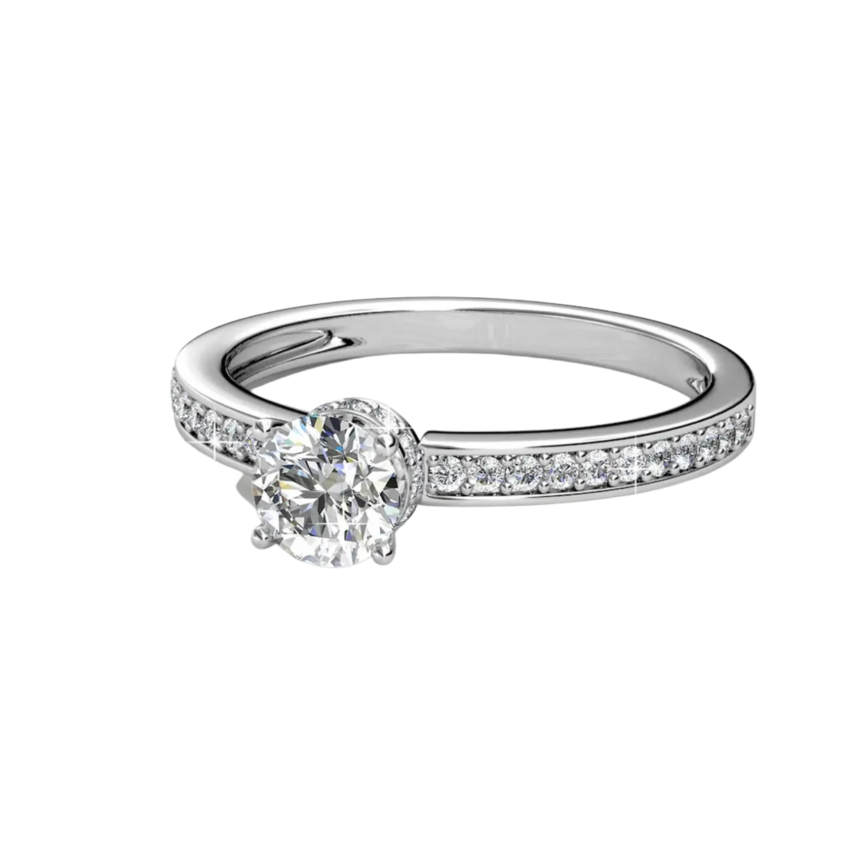 Ein eleganter verlobungsring carali von myc paris mit rundem diamanten und silberband mit kristallen