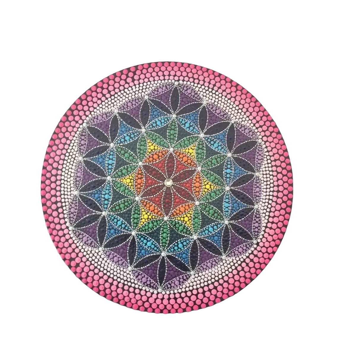 Vinyl-schallplatte wanddeko blume des lebens mit motiv blume in regenbogenfarben und pink weißen außenringen bei mana shop image to zoom