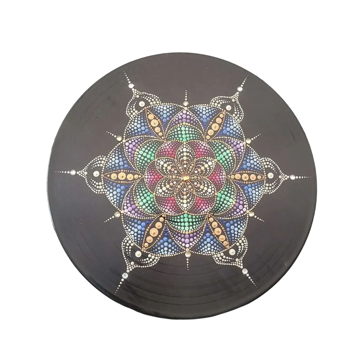 Runde vinyl-schallplatte wanddeko mandala blau-violett-rot mit buntem punktmuster und metallischen akzenten mana shop image to zoom