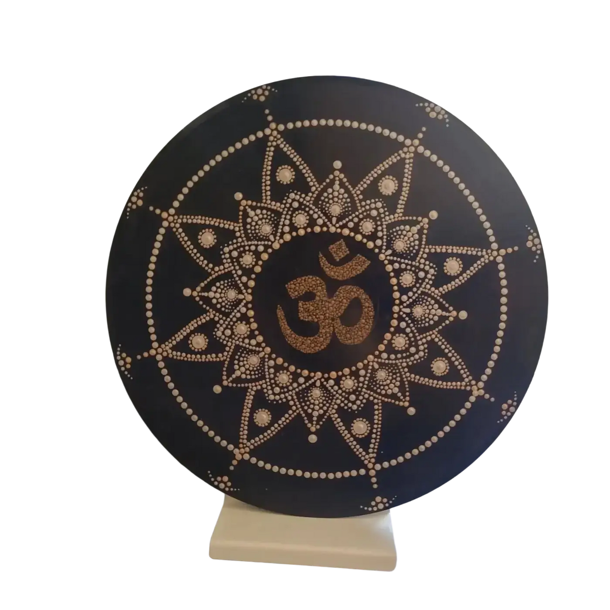 Dunkelblaue vinyl-schallplatte wanddeko mit goldenem om symbol und mandala perlenmuster verfügbar im mana shop kanton bern
