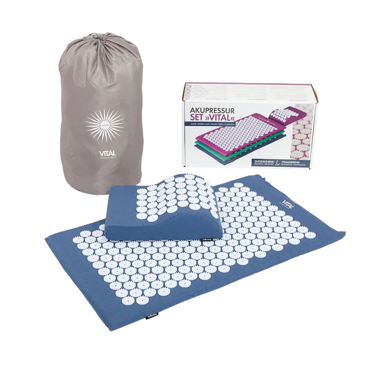 Bodynova VITAL Akupressurmatte Set in Blau mit weißen Akupressurnadeln, entspannende Wellness-Matte für die Anwendung zu Hause.