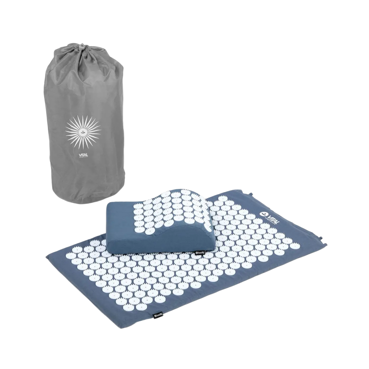 Bodynova Vital Akupressurmatte Set mit blauer Matte und weißen kugelförmigen Akupressurstiften auf der Oberfläche