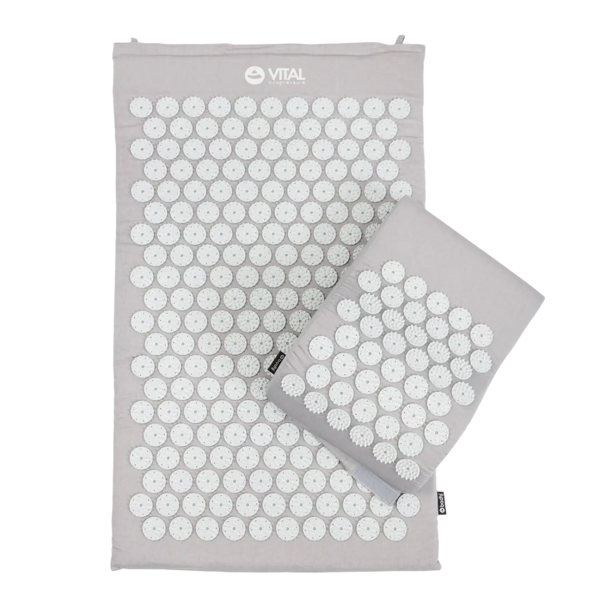 Bodynova VITAL Akupressurmatte Set mit grauem und weißen runden Akupressurmatten für Entspannung und Schmerztherapie