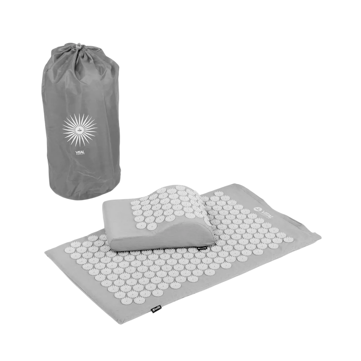 VITAL Akupressurmatte Set von Bodynova mit grauer Akupressurmatte und Kissen, für Muskelentspannung und Wohlbefinden