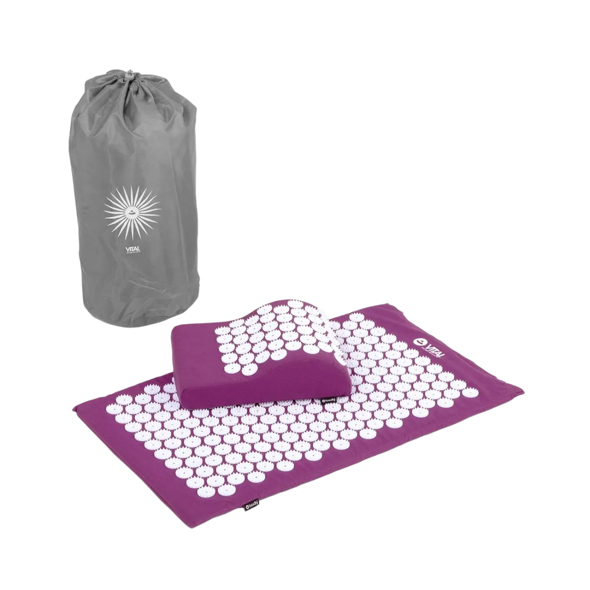 VITAL Akupressurmatte Set von Bodynova mit violetter Akupressurmatte und weißen Kissen, entspannende Selbstmassage.