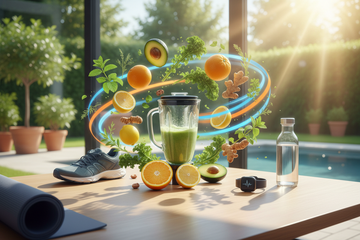 Frischer grüner Smoothie im Mixer mit schwebenden Bio-Früchten, Avocados und Kräutern.