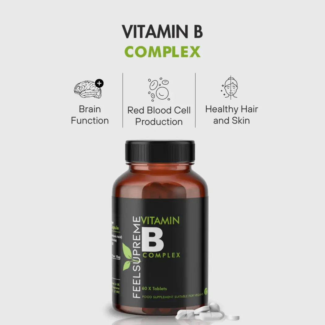 Vitamin B Komplex von Feel Supreme in brauner Glasflasche, 60 Nahrungsergänzungskapseln für gesunde Nerven und Energie.