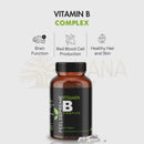 Eine braune glasflasche mit schwarzem verschluss und label vitamin b komplex von feelssupreme für gesunde haut und gehirnfunktion