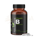 Eine braune glasflasche vitamin b komplex kapseln mit schwarzem etikett und grüner schrift für gesunde haut und gehirnfunktion