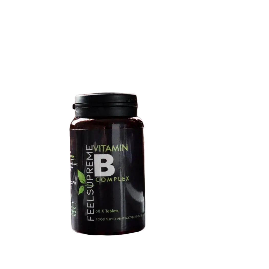 Vitamin B Komplex von Feel Supreme in 60 Kapseln, Nahrungsergänzungsmittel mit verschiedenen B-Vitaminen, dunkle Verpackung.