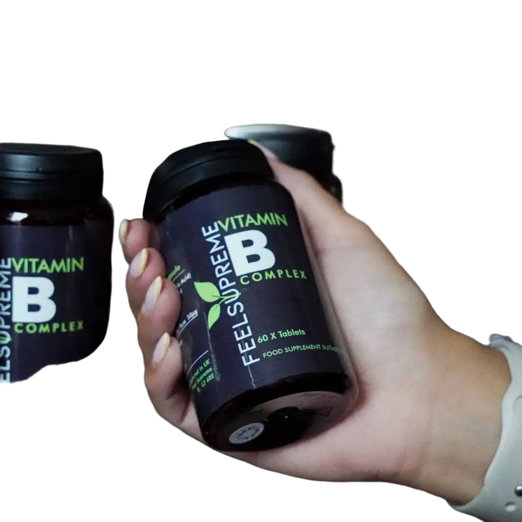 Vitamin B Komplex von Feel Supreme in 60 Kapseln, Nahrungsergänzungsmittel mit bunten B-Vitaminen in schwarzer Packung