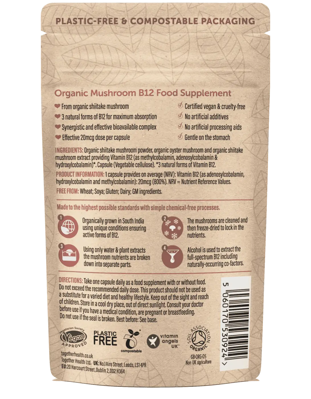 Vitamin b12 bio vegan kapseln mit shiitake pilze in plastikfreier, kompostierbarer verpackung für energie stoffwechsel
