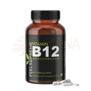 Eine braune glasflasche mit schwarzem deckel und etiketttafel enthält vitamin b12 methylcobalamin kapseln gegen müdigkeit und schwäche zur unterstützung der gehirnfunktion