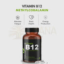 Eine braune glasflasche vitamin b12 methylcobalamin kapseln zur unterstützung der gehirnfunktion und gegen müdigkeit und schwäche
