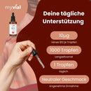 Myvial vitamin b12 tropfen in dunklem glas mit schwarzem verschluss und weißem etikett mit rotem herz für leute mit energiebedarf