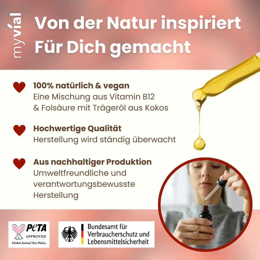 Myvial Vitamin B12 Tropfen mit Folsäure für Energie, Nerven und Blutbildung, Flasche mit Tropfen in dunklem Flakon