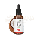 Braune glasflasche vitamin b12 tropfen mit schwarzem deckel myvial vegan für energie nerven und blutbildung