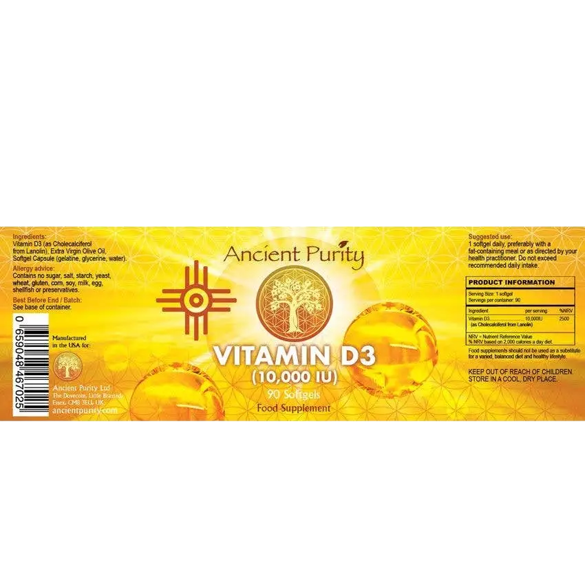 Ancient Purity Vitamin D3 10.000 IE Weichkapseln, Nahrungsergänzung, hohe Stärke, 90 Stück in der Packung