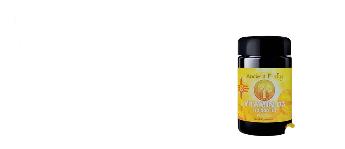 Vitamin D3 Nahrungsergänzung von Ancient Purity, 90 Weichkapseln mit 10.000 IE für starke Knochengesundheit.
