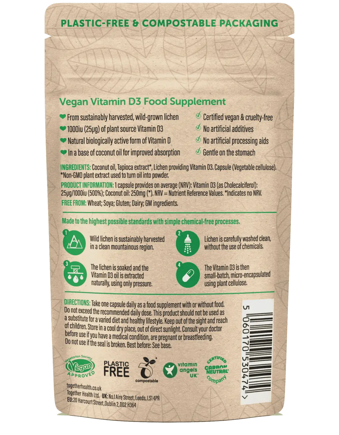 Vegan Vitamin D3 1000i von Together Health in brauner Kapsel, Nahrungsergänzung, 30 Kapseln auf weißem Hintergrund