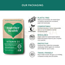 Grüne und beige pouch von together health vitamin d3 1000i vegan kapseln mit pflanzenbasiertem kokosöl und herzlogo