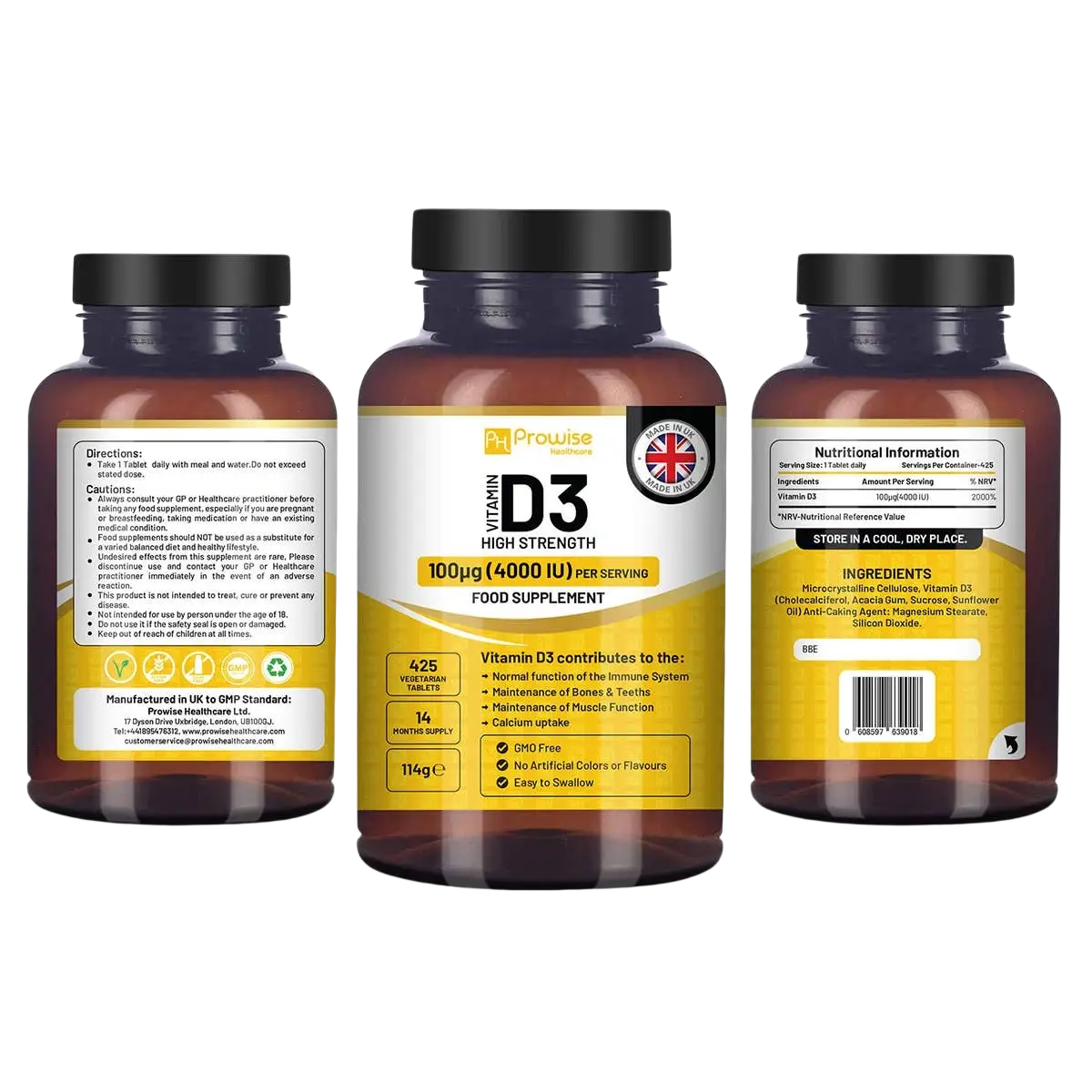 Hochdosierte Vitamin D3 4000 IE Tabletten von Prowise Healthcare, Nahrungsergänzung, 14 Monate Vorrat, im Blister verpackt