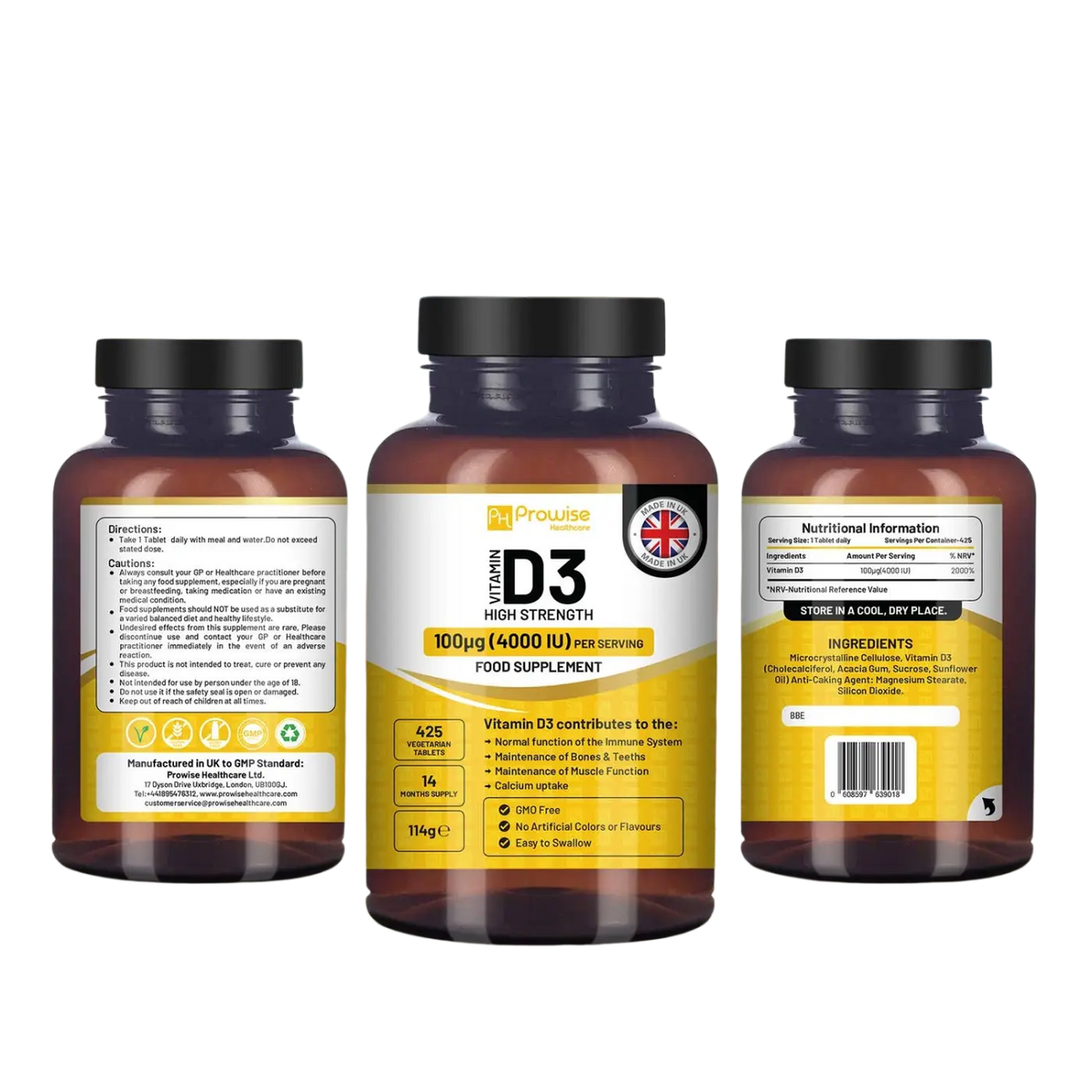 Hochdosierte Vitamin D3 4000 IE Tabletten von Prowise Healthcare, Nahrungsergänzung, 14 Monate Vorrat, in Dose.