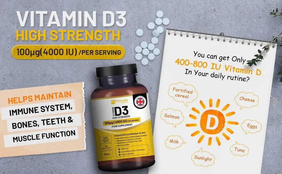 Hochdosierte Prowise Healthcare Vitamin D3 4000 IE Tabletten, Nahrungsergänzung, 14 Monate Vorrat, in Blisterpackung sichtbar