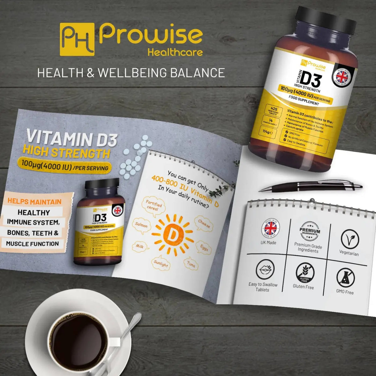 Hochdosierte Vitamin D3 4000 IE Tabletten von Prowise Healthcare, Nahrungsergänzung, 14 Monate Vorrat, in Blisterpackung sichtbar