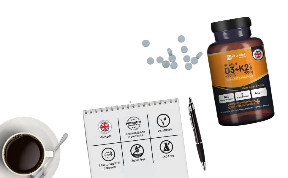 Vegetarische Vitamin D3 4000 IU und K2 MK7 Nahrungsergänzungstabletten von Prowise Healthcare, 180 Stück auf einem weißen Hintergrund