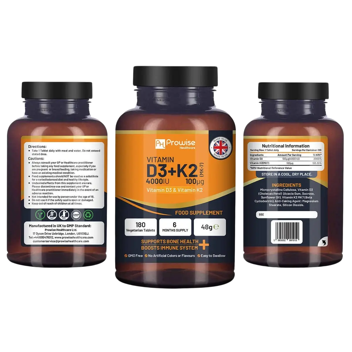 Vegetarische Vitamin D3 4000 IU & K2 MK7 Nahrungsergänzungstabellen von Prowise Healthcare, 180 Stück, glänzende Tabletten auf weißem Hintergrund