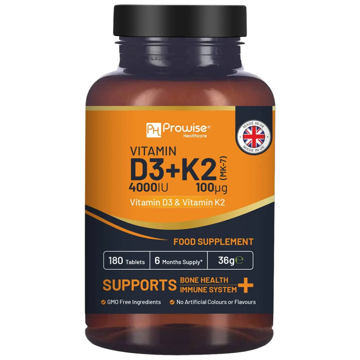 Vegetarische Vitamin D3 4000 IU & K2 MK7 Nahrungsergänzungstabletten von Prowise Healthcare, 180 Stück, in Blisterpackung