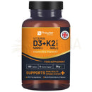 Braune glasflasche mit schwarzem deckel und orange-schwarzem etikett der prowise healthcare vitamin d3 und k2 kombination
