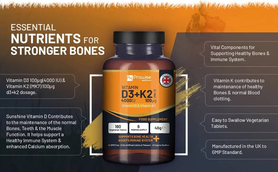 Vegetarische Vitamin D3 4000 IU & K2 MK7 Nahrungsergänzungstabletten von Prowise Healthcare, 180 Stück, auf weißem Hintergrund.