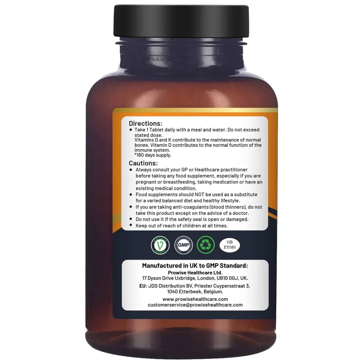 Vegetarische Vitamin D3 4000 IU und K2 MK7 Nahrungsergänzungstabletten von Prowise Healthcare, 180 Stück auf weißem Hintergrund.