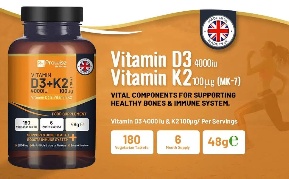 Vitamin D3 4000 IU und K2 MK7 vegetarische Tabletten von Prowise Healthcare, 180 Stück, Nahrungsergänzungsmittel
