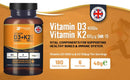 Dunkelbernsteinfarbene glasflasche mit schwarzem deckel und orangenem etikett vitamin d3 und k2 kombination von vitamin prowise healthcare vegetarische tabletten