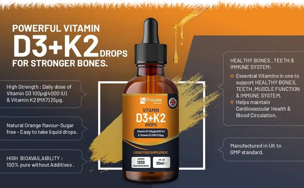 Orangene Vitamin D3 4000 IU mit K2 MK7 Nahrungsergänzung in flüssigen Tropfen von Prowise Healthcare