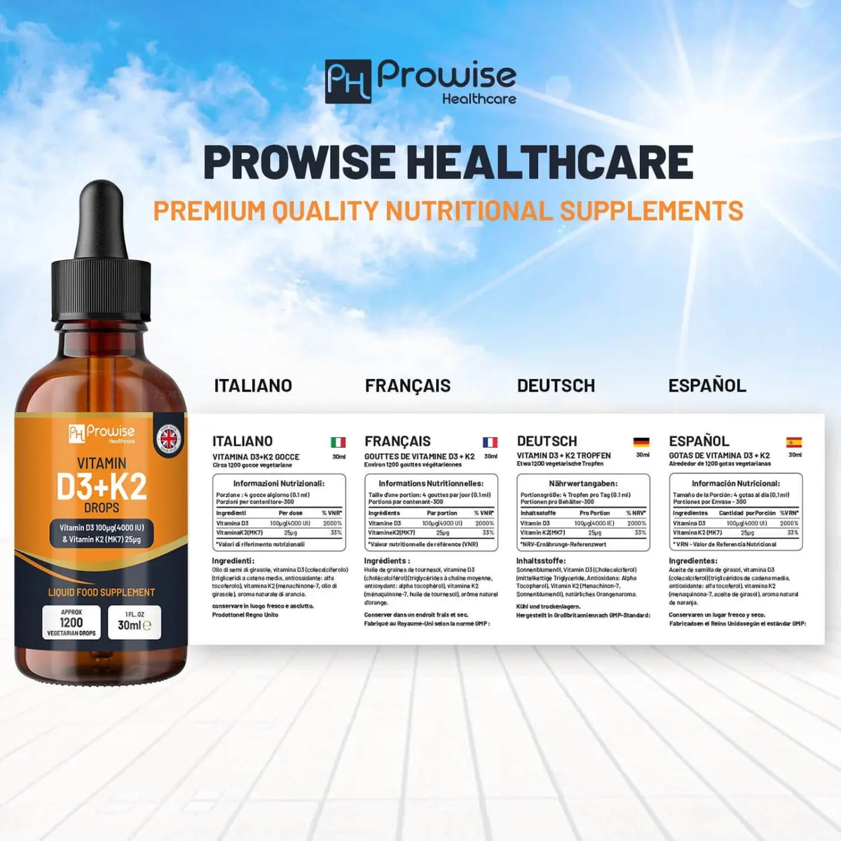Orangene Vitamin D3 4000 IE mit K2 MK7 Nahrungsergänzung in flüssiger Form von Prowise Healthcare, Tropfen auf weißem Hintergrund