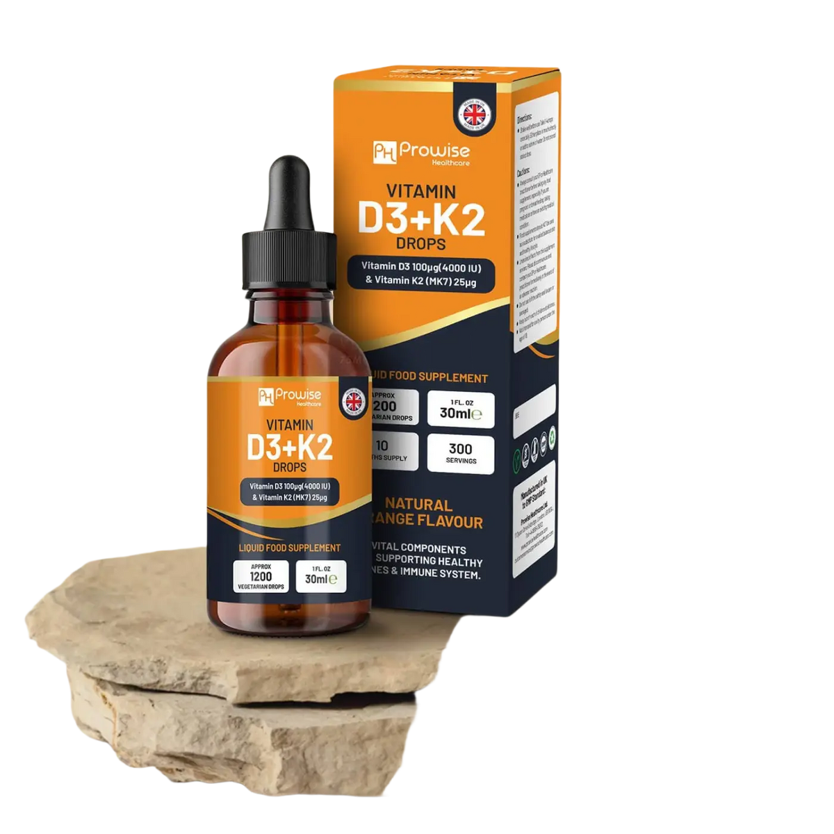Orange Vitamin D3 4000 IU mit K2 MK7 Nahrungsergänzung in flüssiger Form von Prowise Healthcare.