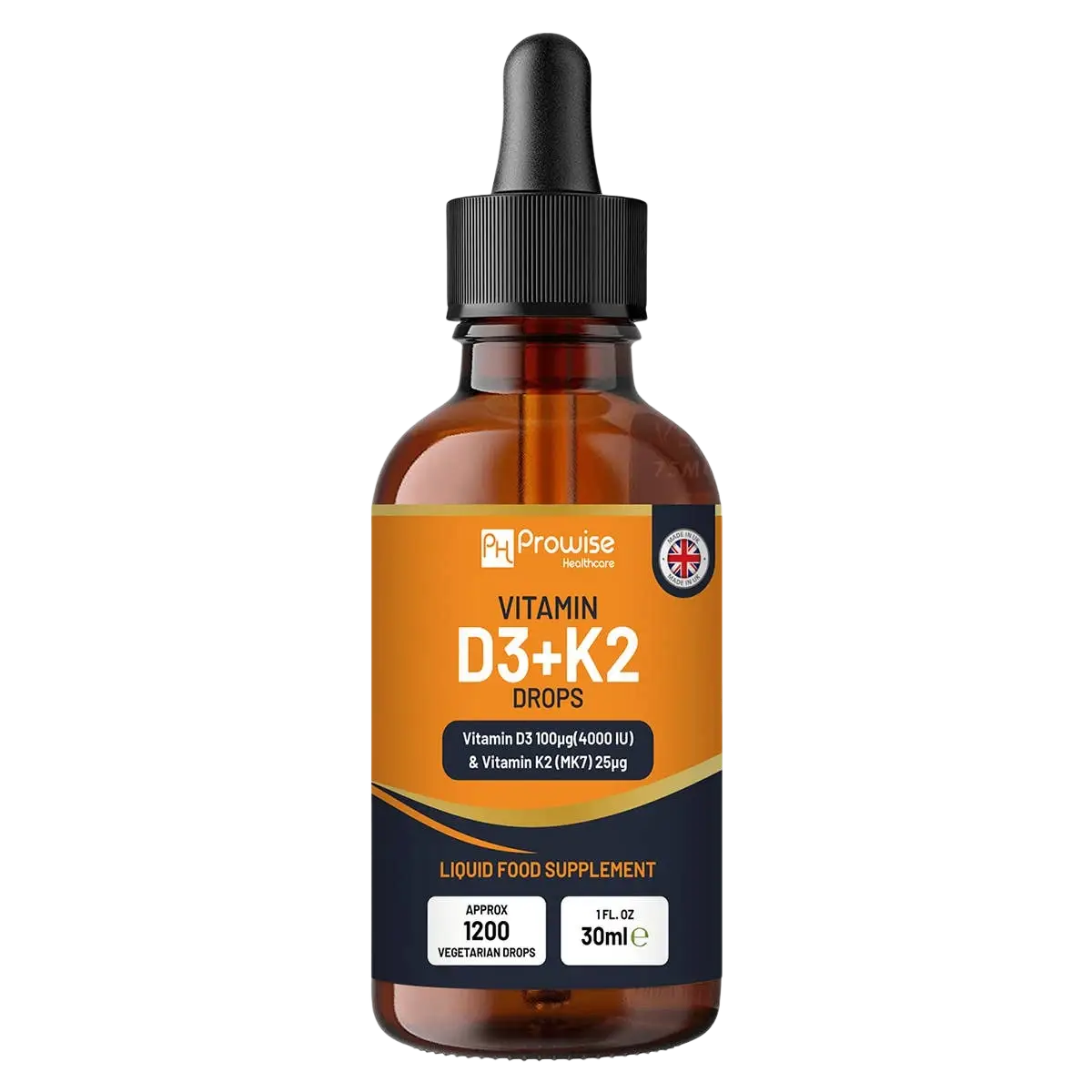 Orangene Vitamin D3 4000 IU mit K2 MK7 in flüssigen Tropfen, Nahrungsergänzung von Prowise Healthcare, sichtbare Flasche und Tropfen