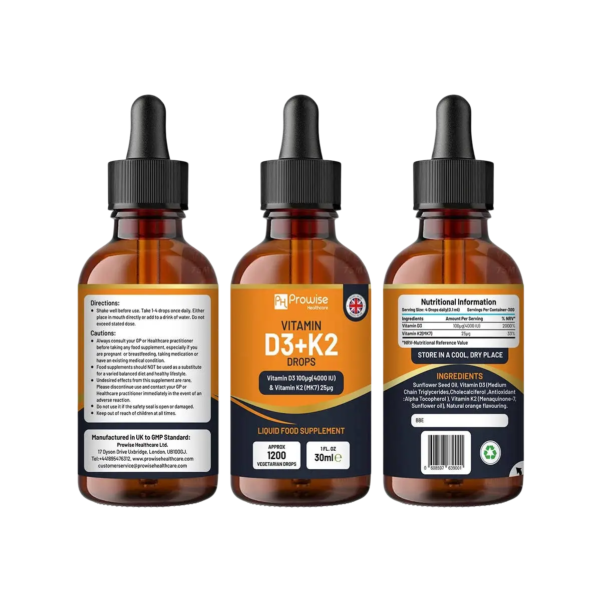 Orangene Vitamin D3 4000 IU + K2 MK7 Nahrungsergänzung in flüssiger Form von Prowise Healthcare, Tropfen auf weißem Hintergrund