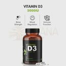Braune glasflasche mit schwarzem verschluss und etikett vitamin d3 5000i für das immunsystem und knochen