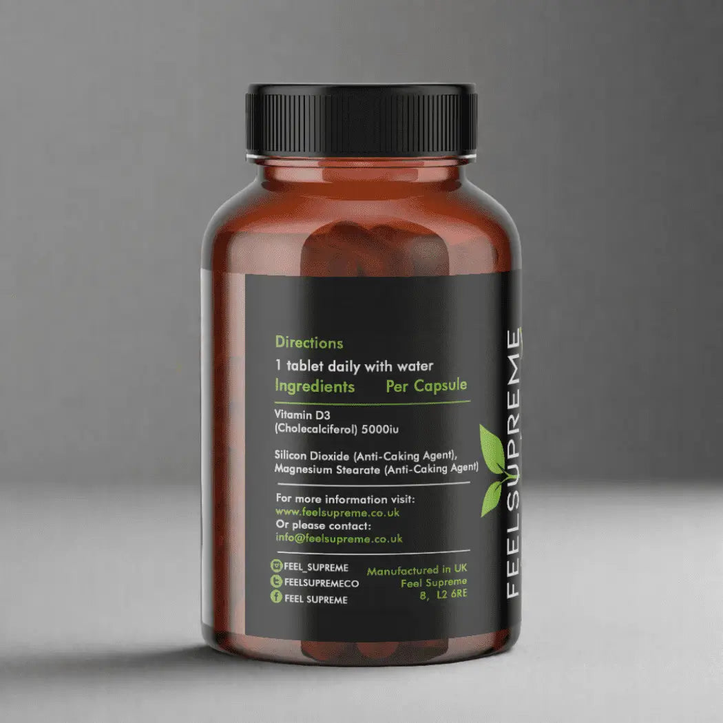 Feel Supreme Vitamin D3 5000i Kapseln zur Unterstützung von Knochen und Immunsystem, Nahrungsergänzung in Blisterpackung